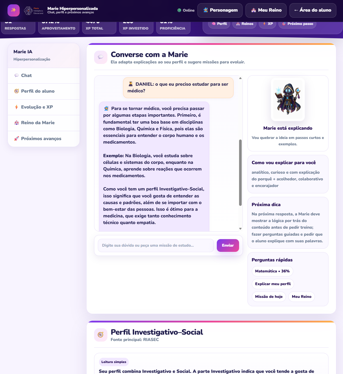 Marie hiperpersonalizada conversando com o aluno